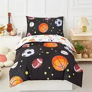 PERFEMET Sports Theme Toddler Boys Bedding Set 4 Pieces Basketball Football Printed Toddler Comforter Set Reversible Design Ball Games Bed in A Bag (Black, Toddler)