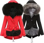 [JEShifangjiusu] Women's Loose Zip Warm Pad Parker Hood 1/2 Piece Set with Cushion Loose Wool Winter Coat Hooded Tunic with Wool Collar, Colour 10, L
