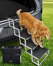 Jovrun Foldable Dog Car Ramp for Large Dogs, 5 Steps Portable Large Dog Steps for Car Truck SUV High Bed, Aluminum Dog Stairs with Non-Slip Surface, Outdoor Dog Ramp Stairs for Dogs Max Up to 200lbs