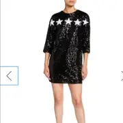 $265NWT AIDAN MATTOX STAR APPLIQUE 3/4 SLEEVE SEQUIN SHIFT DRESS BLACK 10US