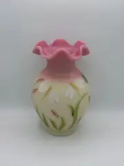 Hand painted Fenton Pink Burmese Dragonfly vase signed, Frank M. Fenton