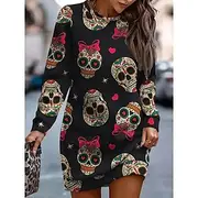 Halloween Women's Mini Dress Shift Dress Casual Holiday Going out Regular Fit Graphic Skull Long Sleeve Crew Neck Black Spring Fall Winter