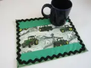 Handmade Mug Rug Candle Mat Quilted Green TRACTORS Reversible OOAK