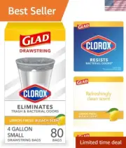 Small Drawstring Trash Bags with Clorox, 4 Gal, Lemon Fresh Bleach, 80 Ct Pac...
