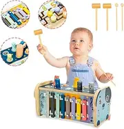kogabanny Wooden Hammering Toy, Educational Pegs Pound Maze Puzzle Number Sorter Musical Toy with Xylophone, Hammers, Mallets for Kids