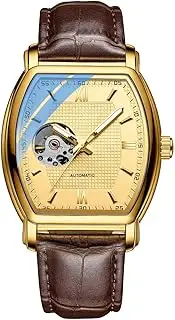 [KINGNUOS] Men's Automatic Mechanical Wrist Watches Square Hollow Design Waterproof Luminous Leather Wrist Watch, Gold, Leisure,Business,Fashion