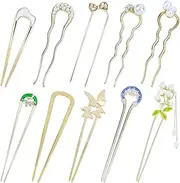 Lawie 10 Pack Cute Flower Butterfly U Shaped Gold Metal Hair Fork Pins Curved Chopsticks for Hair Sticks with Dangles French Hair Pins Bun Holder Decorative Hair Accessories for Women Girls (Red)