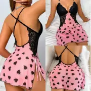 Heart Print Sexy Women's Lingerie Lace Nightgown Side Split Sleep Dress Babydoll