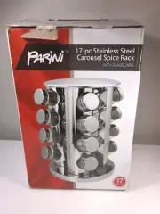 BRAND NEW - Parini Carousel Spice Rack 17-pc Stainless Steel with Glass Jars
