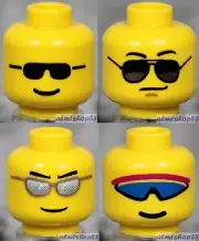 LEGO - 4x Male Heads Lot - Yellow Black Silver Blue Sunglasses Faces City Town