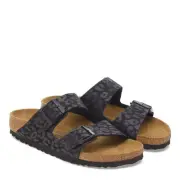 BIRKENSTOCK ARIZONA LEO BLACK MEDIUM/NARROW WIDTH LEOPARD SLIDE SANDALS