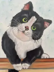 Original Oil Painting Artwork 11 X 14 Cute Black And White Kitty Cat