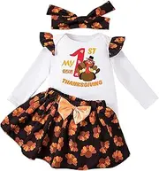 [Rtnnsbbfcm] Baby Girl Thanksgiving Outfit Long Sleeve Turkey Letter Print Romper Mini Skirt Headband 3Pcs Clothes Set