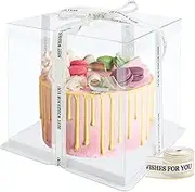Transparent Double Layer Cake Box - Clear Plastic Gift Box With Lid, Base, and Ribbon - Display Cube for Bakery Packaging and Desserts (8 Inch)