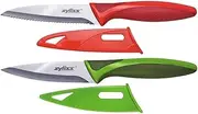 Zyliss Classic Paring Knife Set with Sheath Cover - Precision Knife for Cutting, Slicing & Peeling - Small Culinary Includes 3 ¼” Paring & 3 ¾” Serrated - Carbon Stainless Steel Blade - Red/Green