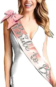 [RhinestoneSash] Coquette Bride Sash Pink - SET OF 2: Silver Diamond Bride to Be Blush BRIDAL GRADE SATIN Sash & Light Pink Bow Clip - Shes Tying the Knot Bachelorette Party - SashBow(SLV DiB2B) BLSH/LTPK