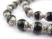 Black Onyx Nepali Silver Capped Beads 9mm Oval Gemstone 21 Inch Strand