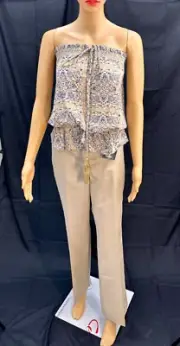Set Beige Pants and printed strapless blouse, pants size 12 blouse size L.