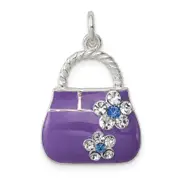 Sterling Silver Rhodium-Plated Purple Enameled Cz Purse Charm