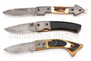 Handmade Lot of 3 Damascus Folding Knife Pocket Knife Stag ,Buffalo Horn, Resin