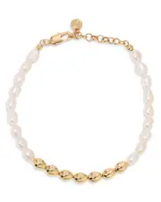Ettika Pave & Cultured Freshwater Pearl Polished Pebble Beaded Bracelet in 18K Gold Plated