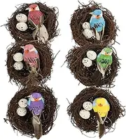 GANAZONO 6pcs Natural Style Rattan Bird Nest Decor Realistic Fake Nest with Bird and Eggs for Home and Garden Decoration