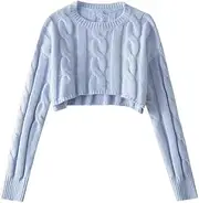 [Generic] Women's Retro Short Ribbed Knit Sweater with Round Neck Cut and Loose Pullover Sweater