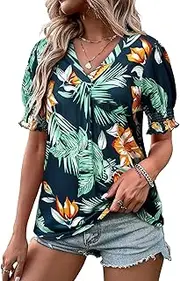 [ZXZY] Women Ruffle Short Sleeve Pleated V Neck Floral Print Hawaiian Shirts Blouse Tops