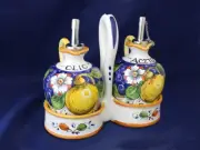 Tuscany Italy Italian Pottery Tuscan Lemon Blossom Oil & Vinegar Set w/Caddy