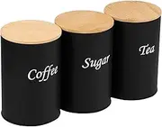 AwObEpl 3 Pcs Food Storage Canisters with Bamboo Lid Iron Tea Sugar Coffee Canisters Versatile Tea Coffee Sugar Canister Set for Coffee Sugar Tea (Black)