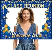 Jollyboom Class Reunion Photo Booth, School Reunion Decoration Welcome Back Photo Booth Prop Frame 23.6×31.5inches Blue Gold for Student Graduate School Class Reunion Welcome to The Class Party