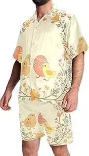 [FNETJXF] Hawaiian Shirt for Men, Men's 2 Pieces Shirt Sets, Men Vacation Outfits, Happy Eggs Birds, Mens Matching Shirt and Shorts Set