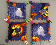 Coasters set of 4 HANDMADE HALLOWEEN skull cat ghost eyes REVERSIBLE spider web