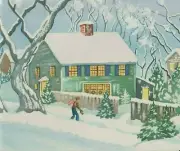 VTG 1940'S CHRISTMAS CARD LIGHTED GREEN HOUSE BLUE SHUTTERS FENCE WINTER SCENE