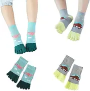 [Generic] 2 Pairs Cotton Split Toe Socks Five Finger Socks Elastic Casual Cartoon Dinosaur Socks for Kids Boys Girls 5-9 Years