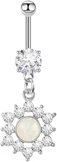 [Niaspi] Hypoallergenic Surgical Steel Opal Flower Dangle Belly Button Rings 14G Belly Piercing Jewelry for Women Dainty CZ Flower Navel Ring 3/8 Inch Navel Curved Barbell Dangling Body Piercing Jewelry