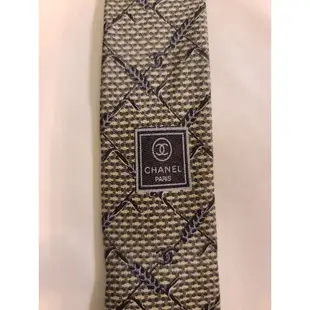 CHANEL 100%真絲花紋黃金金屬領帶卡其色 x 灰色