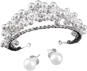 [TOVINANNA] Pearl Crown Tiara for Bride Wedding Crown Headpiece Earrings Baroque Style Headband