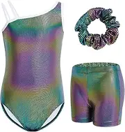 Gogokids Mädchen Dreiteiliges Ärmelloses Gymnastikoutfit mit Shorts, Turnanzug für Mädchen mit Diagonalen Schulterträgern Ballett Gymnastikkostüm Beinhaltet Leotard, Shorts & Haarband, Alter 3-12
