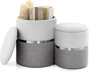Giantex Linen Fabric Storage Ottoman Set of 2, Modern Round Ottoman with Storage, Upholstered Storage Ottoman with Sliver Stainless Steel Hoop, Vanity Stool Chair Footstool for Living Room, Bedroom