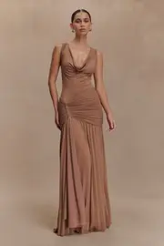 Dania Cowl Neck Slinky Maxi Dress - Mocha Mousse