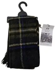 BARBOUR Cordovan Blue Grey White Check Tartan Soft 100% Lambswool Tassel Scarf
