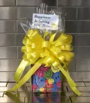Smiley Face Gift Box-Basket & 1/2 LB Of Candy Wrapped With Yellow Bow & Card