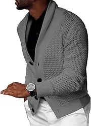 [SWJGLITTR] Men's Hollowed Out Shawl Collar Cardigan Button Cardigans Slim Fit Wool Sweaters Winter Fisherman Casual Cardigans, Grey, X-Large