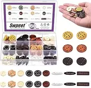 Swpeet 150Pcs Assorted Wooden Buttons Set, Mixed Vintage Wood Buttons for Crafts, Carved Wood Buttons, 2 Holes Assorted Shapes and Colors Sewing Wooden Button Art DIY Craft Supplies with Box