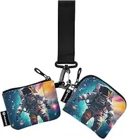 [XYMZR] Mini Zip Around Wristlet keychain Wallet Colorful Astronaut Space for Women Personalized Pattern Detachable Dual Pouch Wristlet Portable Wallet Phone Coin Purse, Multi-colored, One Size