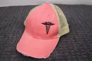Adams Distressed Cap / Hat Medical Symbol Pink Tan Mesh Back Snap Back NEW