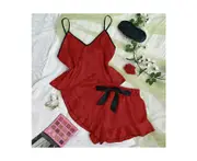 Women Pajama Set Satin Cami Sleepwear Lingerie Shorts Set Pjs-red