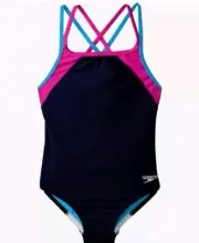 Speedo Cross Back Splice One Piece Swimsuit, Girls Size 16 Navy NEW MSRP $34