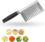 Crinkle Cutter Knife Stainless Steel Cutting Tool for Potato Carrot Chip Vegetable French Fry, Wavy Chopper Wave Slicer Steel Blade, Kids Lunch Accessories (Black Handle)
